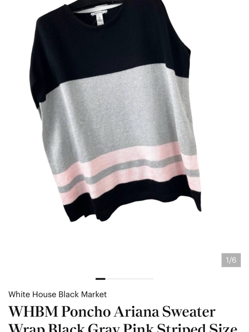 WHBM Poncho Ariana Sweater Wrap Black Gray Pink Striped. NWOT. Size XS